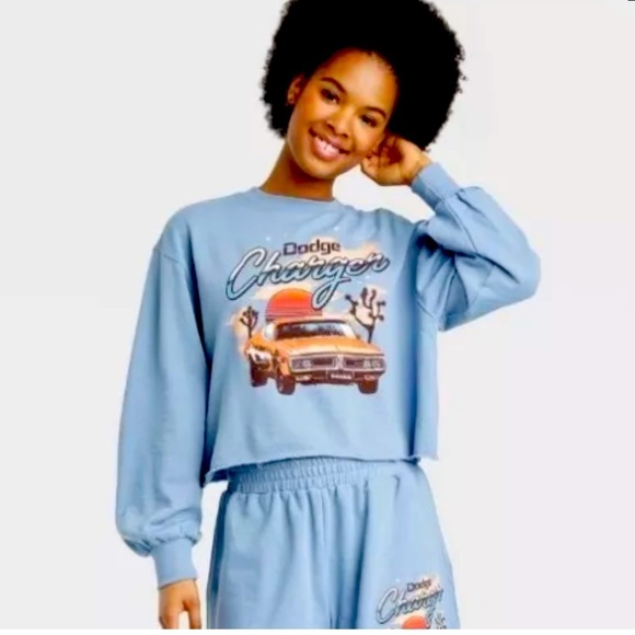 Target Dodge Charger Graphic Baby Blue Cropped Crew Neck Sweatshirt Size XXL - Picture 8 of 8